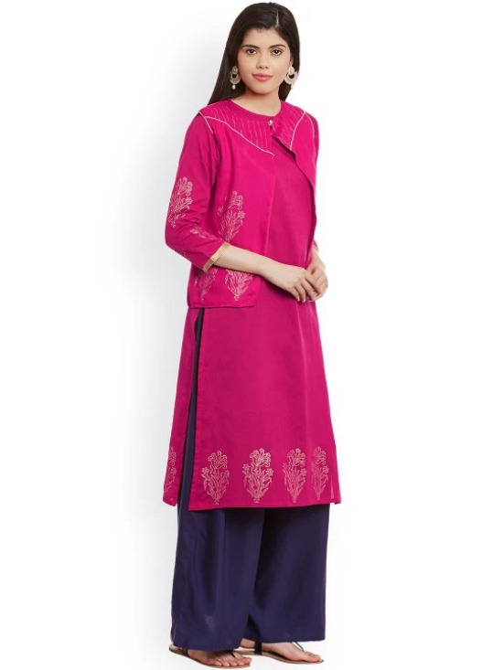 Women Pink Block Print Straight Kurta with Jacket