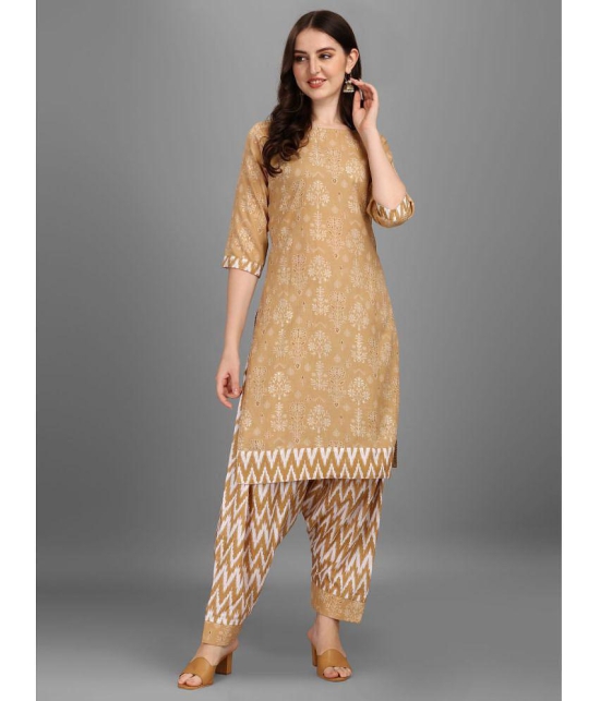 gufrina Cotton Blend Printed Kurti With Salwar Womens Stitched Salwar Suit - Beige ( Pack of 1 ) - None