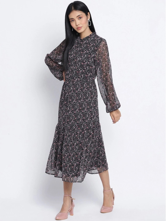 Oxolloxo Black Floral Satin A-Line Midi Dress