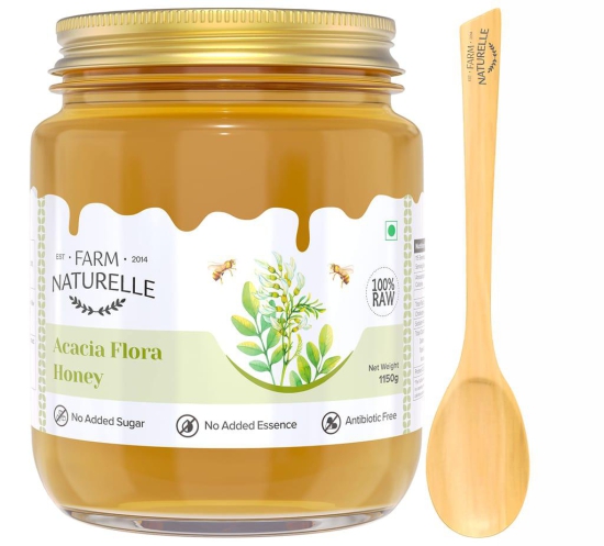 Farm Naturelle-Acacia Flower Wild Forest Honey|1000gm+150gm Extra and a Wooden Spoon| 100% Pure Honey, Raw Natural Un-Processed - Un-Heated Honey | Lab Tested in Glass Bottle.