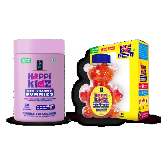 British Life Sciences Happi Kidz Calcium+Vitamin D3 Gummies & Happi Kidx Iron+Vitamin C Gummies Combo | Natural, Strong Bones, Muscles and Teeth, Boosts Immunity