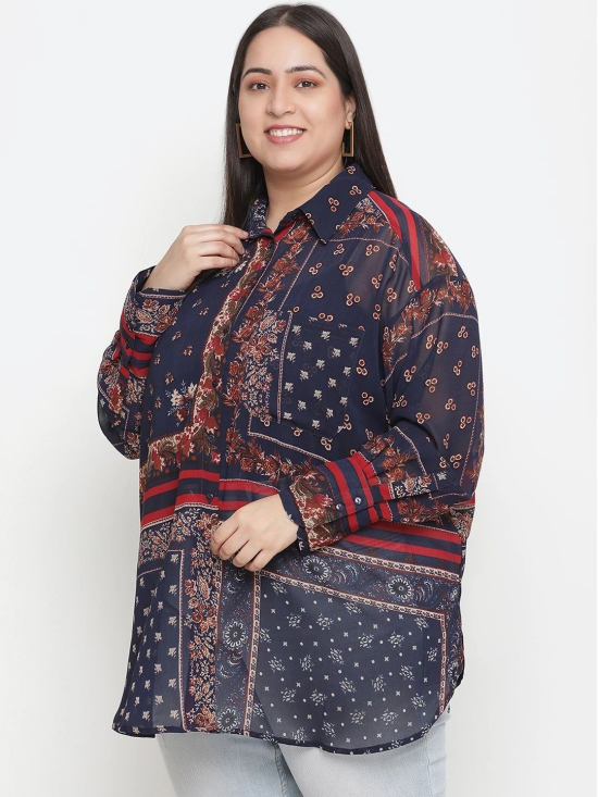 Oxolloxo Women Plus Size Navy Blue & Red Comfort Printed Casual Shirt