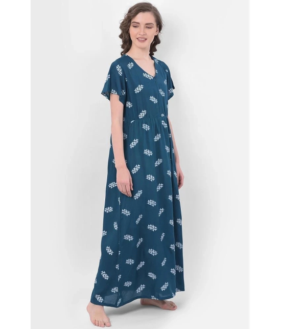 Clovia Cotton Nighty & Night Gowns - Turquoise Single - L