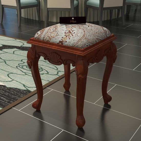 Elegant Hand Carved Teak Wood Stool in Premium Fabric-Honey