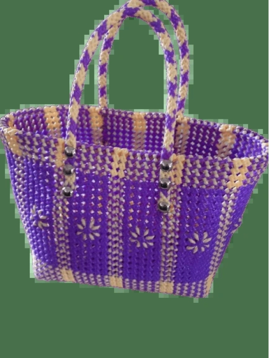  Purple and White Handwoven Plastic Tote Bag