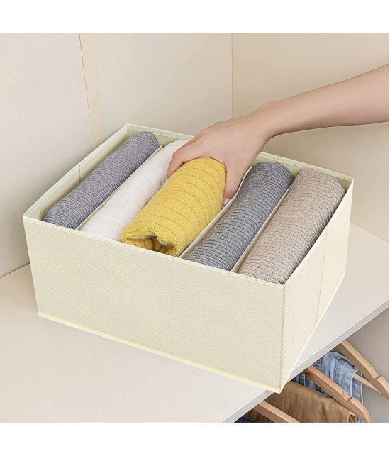 HOMETALES Non-Woven 5 Compartments Foldable Wardrobe Storage Organisers for Shirt, Denims, Pants, T-Shirt,Beige (2U)