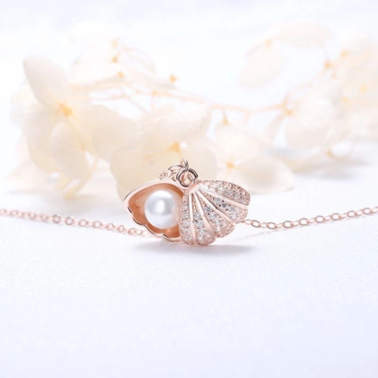 Sea Shell Pearl Pendant With Chain Studded With Cubic Zircona American Diamonds - Rose Gold