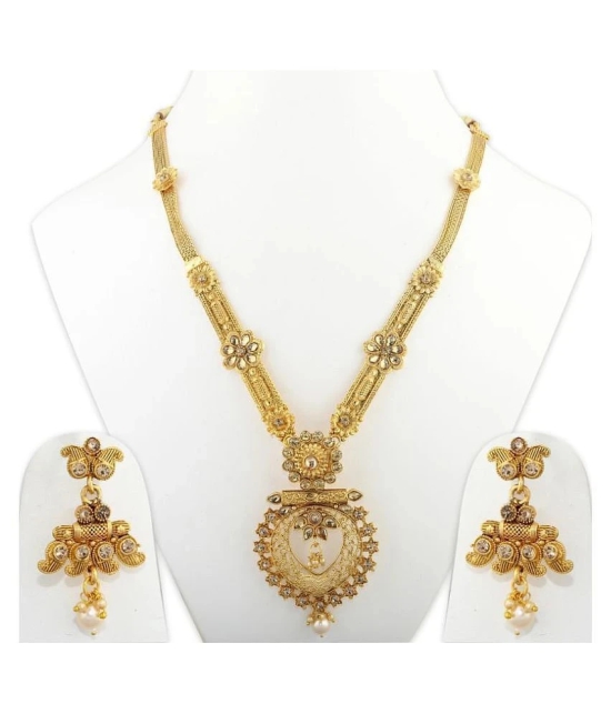 Silver Shine Gold Plated Traditional Long Necklace Set with Pearl Drop and White Stone Studded Jewellery for Women and Girls - Golden