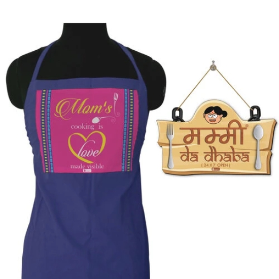 Indigifts Mummy Da Dhaba Wall Hanging 8X12.5 Inches & Blue Kitchen Apron 26x30 inches - Mom-Mummy-Maa-Birthday, Kitchen Door Sign, Cute Designer Gift for Mom, Unique Gift Idea