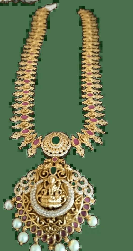 Stunning Lakshmi Pendant Haram Necklace with Ruby Stones and Pearls