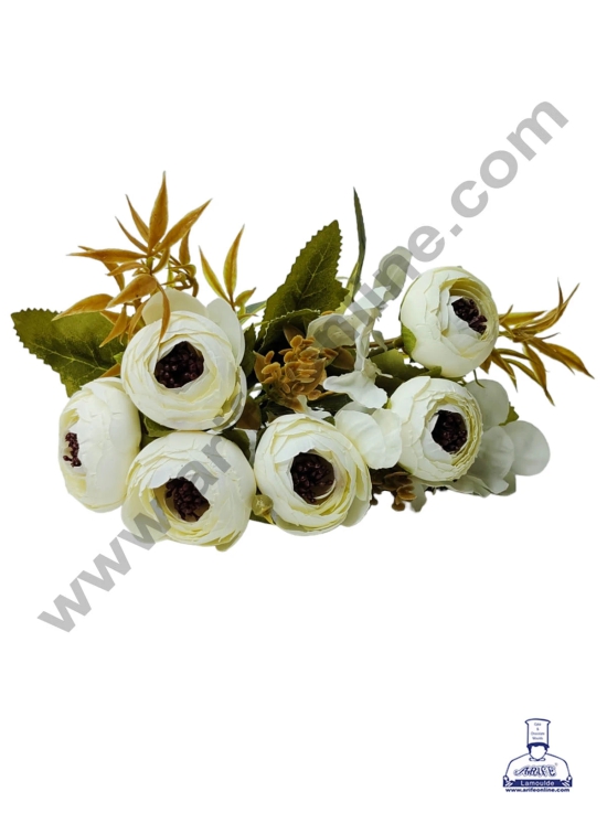 CAKE DECOR™ Peony With Leaves Artificial Flower For Cake Decoration – (1 Bunch)-WHITE