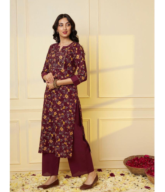 Tissu Cotton Printed Kurti With Palazzo Womens Stitched Salwar Suit - Maroon ( Pack of 1 ) - None