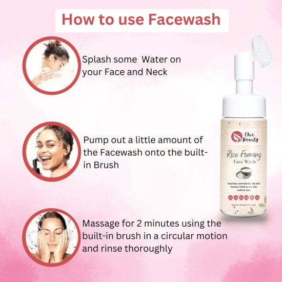 Chic Beauty Foaming Face Wash Combo with Built-in Silicone Brush (Rice Foaming Face Wash 150ml + Ubtan Foaming Face Wash 150ml + Skin Brightening Foaming Face Wash 150ml)