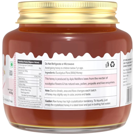 Farm Naturelle-Eucalyptus Forest 100% Pure Raw Un-Processed Honey 400 GMS with Cinnamon Honey and a Wooden Spoon.