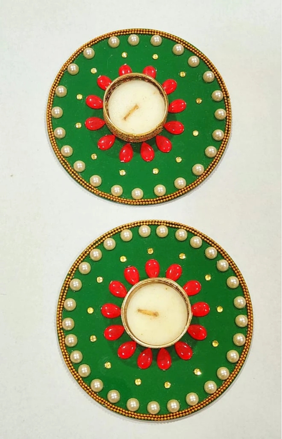 Exquisite Handcrafted Green and Red Pearl Diya Set