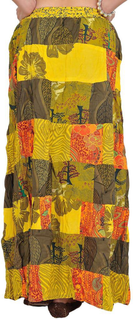 Yellow Printed Long Boho Skirt from Gujarat with Patch Work