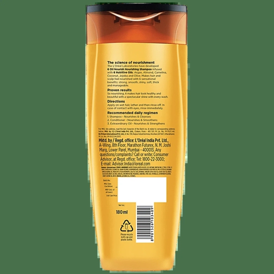 Loreal Paris 6 Oil Nourish Shampoo - Scalp + Hair, Dry & Dull Hair, 180 Ml