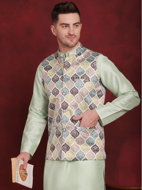 Green Floral Printed Nehru Jacket With Kurta Pyjama Set-L / Green