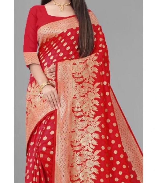 Gazal Fashions Banarasi Silk Embellished Saree With Blouse Piece - Red ( Pack of 1 ) - Red