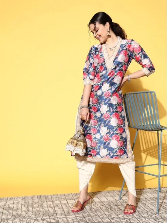 Women Navy Blue Floral Printed Pleated Kurta with Dhoti Pants