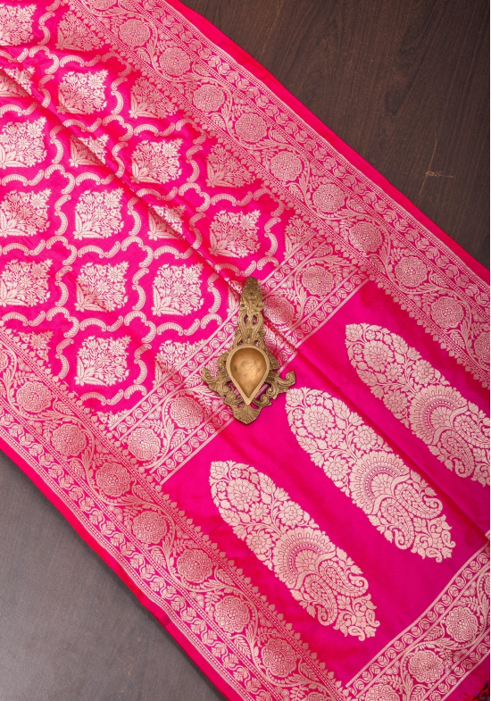 Pink Dual tone Pure Katan Silk Banarasi Saree with Persian Trellis Jaal Weave | SILK MARK CERTIFIED