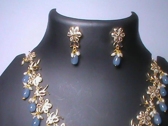 Stunning American Diamond Necklace Set with Blue Beads