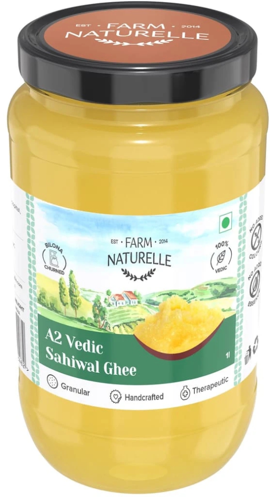 Farm Naturelle-A2 Desi Cow Ghee from Grass Fed Sahiwal Cows,Vedic Bilona Method-Curd Churned-Golden, Grainy & Aromatic, Keto Friendly, Non-GMO, Lab Tested, Glass Jar-1000ml and a Wooden Spoon.