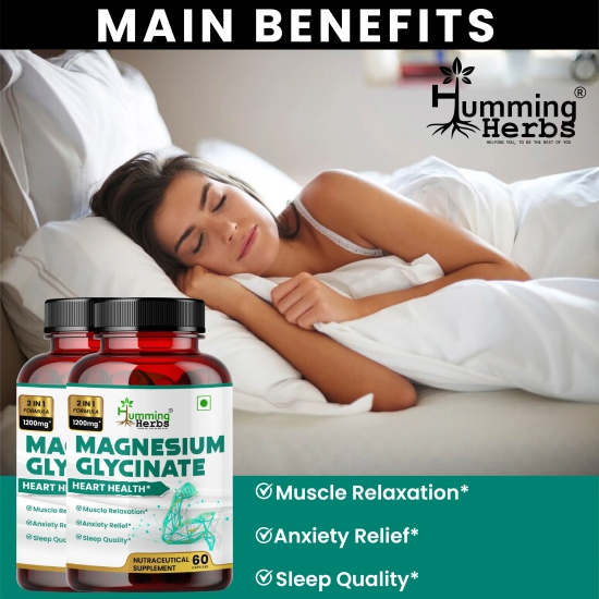 Humming Herbs Magnesium Glycinate - Enhanced Absorption Formula for Heart Health, Muscle Relaxation & Sleep Support - Pack of 2