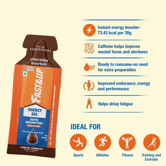 Fast Up Energy Gel: Improved endurance & performance for running/cycling. Instant energy booster, 73kcal/30g, 5 Sachets, Chocolate Bourbon.-Fast & Up Energy Gel: Improved endurance for running &