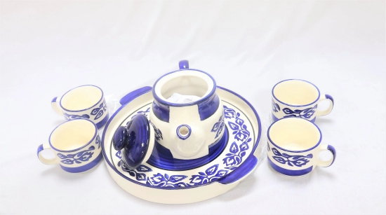 Khurja Pottery Murli Mug Tea Set White & Blue Color Big