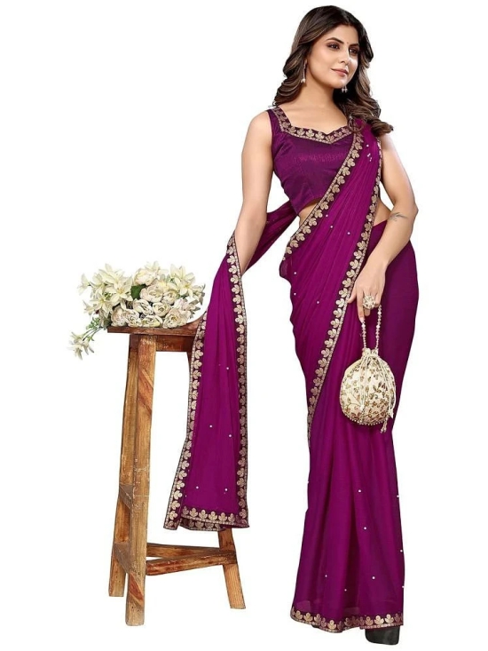 Saadhvi Lycra Solid Saree With Blouse Piece - Purple ( Pack of 1 ) - Purple