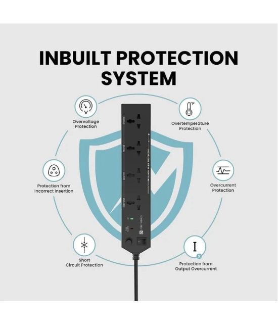 Portronics Power Plate 10 Extension Board with 4 Universal Sockets, 1500 Watts, for Multipurpose (Black)
