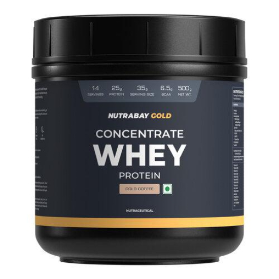 Nutrabay Gold 100% Whey Protein Concentrate with Digestive Enzymes & Vitamin Minerals, 25g Protein | Protein Powder for Muscle Support & Recovery - Cold Coffee, 500g