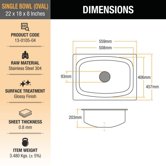 Oval Single Bowl (22 x 18 x 8 inches) 304-Grade Kitchen Sink - by Ruhe®