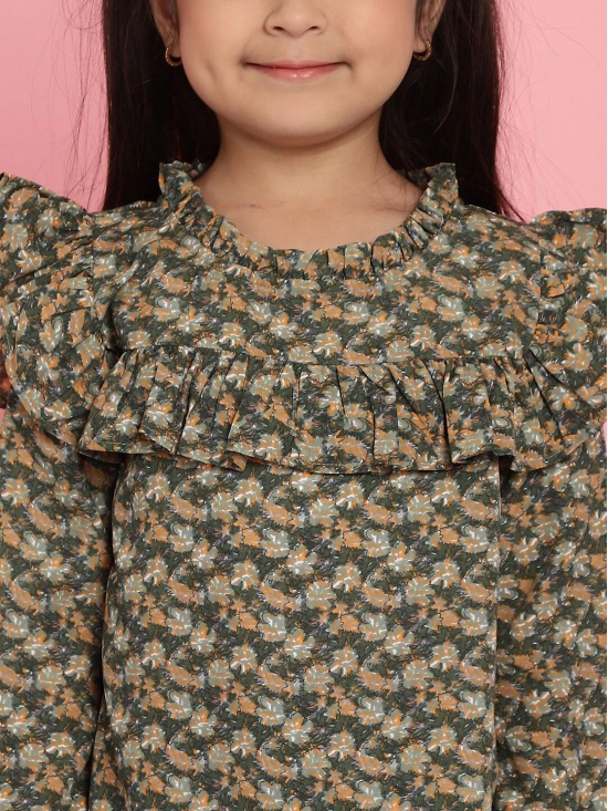 MINI & MING Girls Floral Printed Round Neck Bell Sleeves Pleated A-Line Top