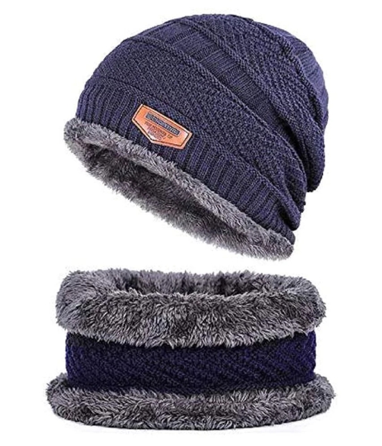 Zacharias Mens Woolen Cap with Neck Muffler/Neckwarmer Set of 2 Free Size - Blue