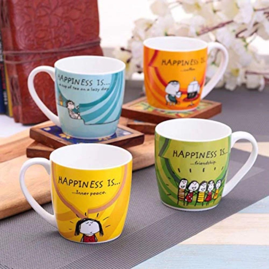 Clay Craft Ceramic Happiness Is... Alton Printed 210 ML Coffee Mug | Multicolor | Set of 4 Pcs