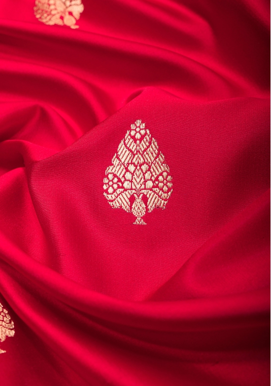 Pre-order Red Banarasi Mashru Silk Saree with Damask Buttas and Zari Border | SILK MARK CERTIFIED