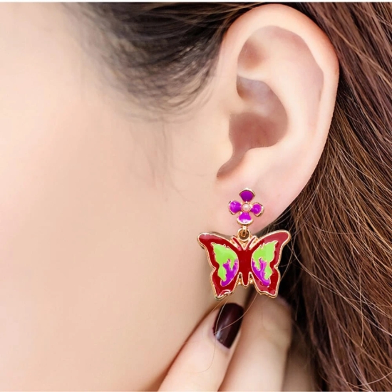  Red Enameled Butterfly Drop Earrings