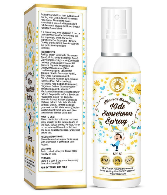 Mom & World Mineral Based Kids Sunscreen Spray SPF 50, Water Resistant, UVA/UVB Pa+++, Safe For Baby and Kids, 120 ml