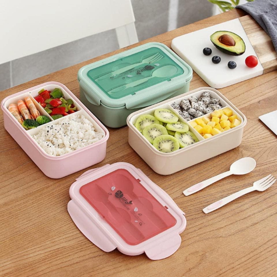 Entisia 1400ml Microwavable Bento Lunch Box - 1 Pcs Single-Layer Leakproof Food Container with Spoon, 3 Compartment Portable Sealed Bento Tiffin Box for Adults, Kids, Home, School