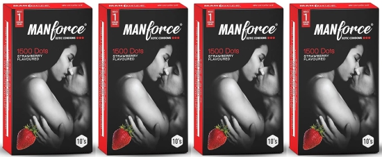 Manforce Condoms 3 in 1 Ribbed Contour Dotted Strawberry Flavoured Condoms - 10 Pcs x Pack of 4