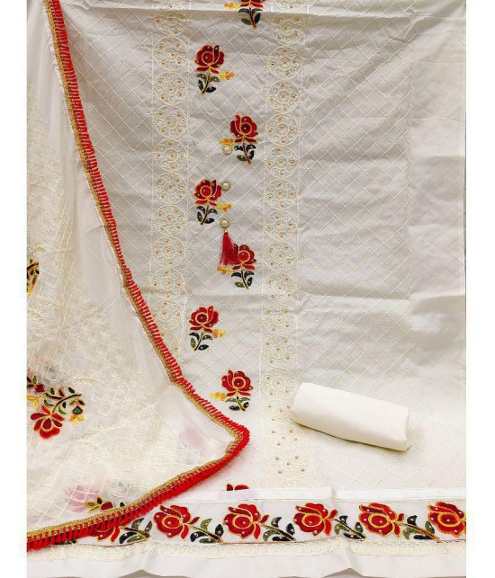 MEHZEEL FAB Unstitched Poly Cotton Embroidered Dress Material With Dupatta (Cream) - Cream