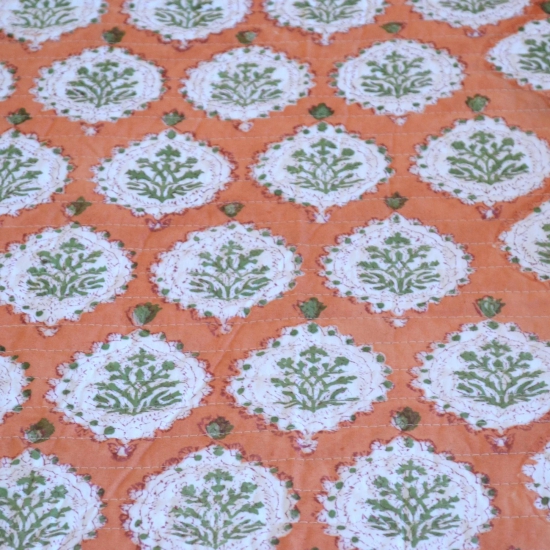 Bahaar Quilted Block Printed Bedcover-Orange
