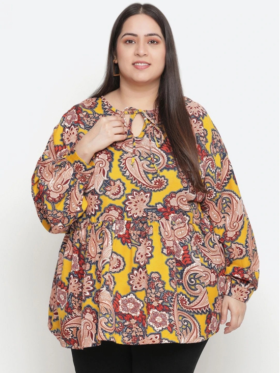 Oxolloxo Mustard Yellow Ethnic Print Tie-Up Neck Crepe Empire Plus Size Top