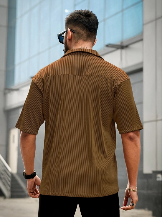 Stripe Textured Brown Half Sleeve Shirt-L / Brown