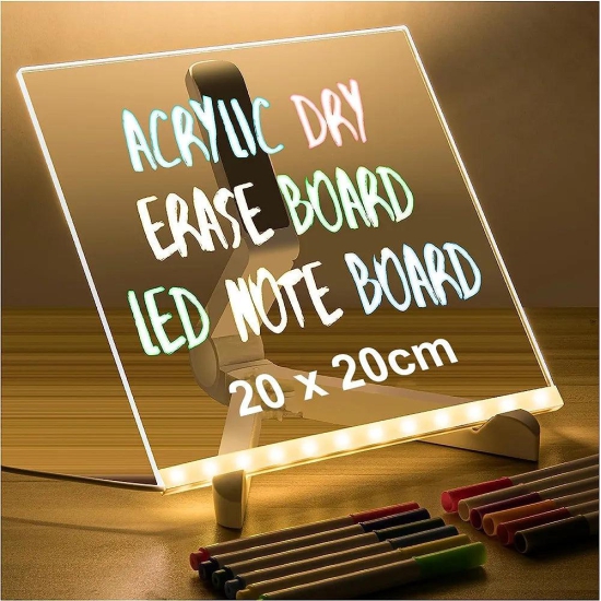 3D Acrylic Dry Erase Board with Light up Dry Erase Board with Stand as a Glow Memo LED Letter Message Board With 13 Pens (20X20 CM