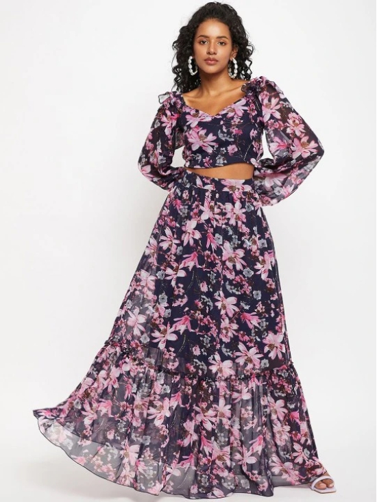 Floral Printed V- Neck Top With Maxi Skirt