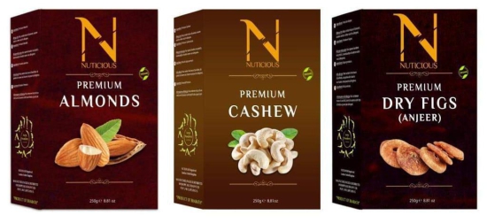 NUTICIOUS Combo Pack (Almonds 250 GM+Cashews 250 GM ,Anjeer 250 GM )Pack of 3