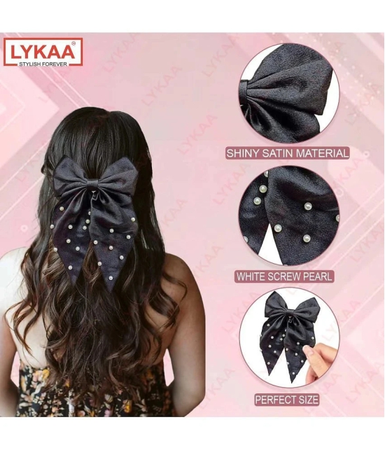 Lykaa Large Satin Hair Bow with Pearls Longtail Clips Hair Accessories for Women -1 Pcs (Multicolor) - Black